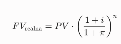 <p>FV: future value</p><p>PV: present value</p><p>i: obrestan mera</p><p>pi: inflacija</p><p>n: št. let</p>
