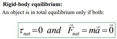 <p>the net torque on the body is 0 and the net force on the body is 0</p><ul><li><p>a rigid body is a shape that won’t deform</p></li><li><p>if forces cancel each other out: no linear acceleration</p></li><li><p>if torque cancel each other out: no angular acceleration</p></li></ul><p></p>