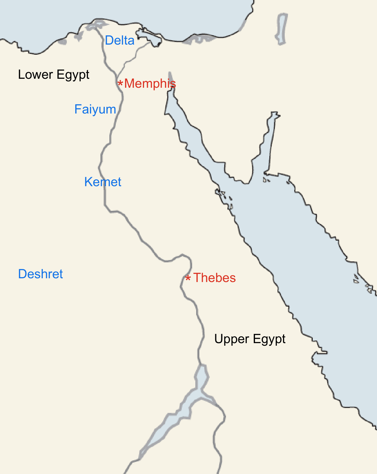 <p>Need to know:</p><ul><li><p>Upper Egypt</p></li><li><p>Lower Egypt</p></li><li><p>Kemet</p></li><li><p>Deshret</p></li><li><p>The Delta</p></li><li><p>The Faiyum</p></li><li><p>Memphis </p></li><li><p>Thebes</p></li></ul><p></p>