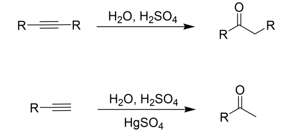 <ul><li><p>Only one unit of H2O added across triple bond</p></li><li><p>HgSO4 necessary for terminal alkenes</p></li><li><p>Tautomerizes to make a ketone</p></li></ul><p></p>