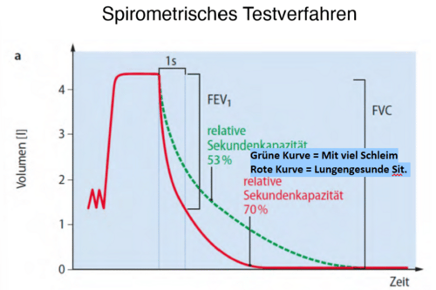 <p>Eine verminderte Lungendehnungsfähigkeit</p><p>Nach voller Inspiration kann normalerweise so schnell wie möglich 70-80% des Volumens in 1s ausgeatmet werden - das wird durch restriktive Störungen gehemmt</p>