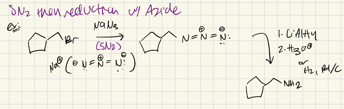 <p>SN2 rxn of alkyl halide with sodium azide, NaN<sub>3</sub></p><p>Followed by reduction with 1. LiAlH<sub>4</sub> 2. H<sub>3</sub>O<sup>+</sup></p>