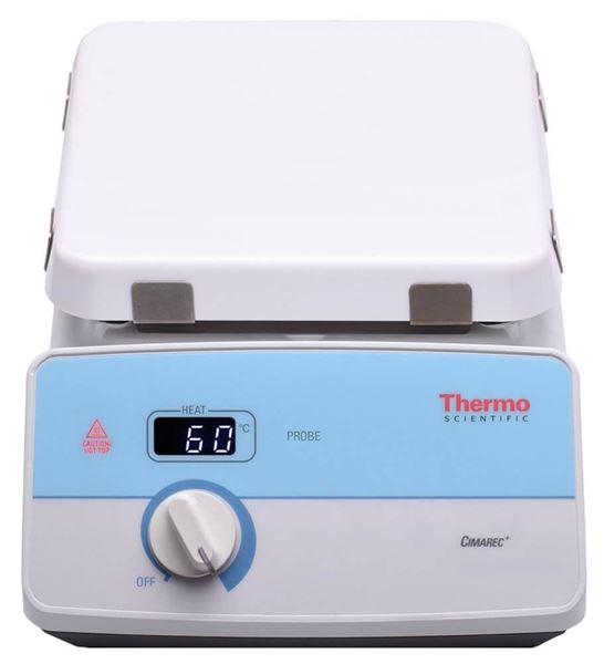 <p>A laboratory device used for heating substances, featuring an electrical heating element and a flat surface for placing containers. </p>