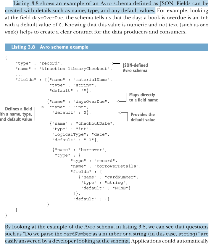 <p>Kafka does not do any data validation by default. However, there is likely a need for each process or application to understand what that data means and what format is in use. By using a schema, we provide a way for our application’s developers to understand the structure and intent of the data.</p><p>Listing 3.8 shows an example of an Avro schema defined as JSON. Fields can be created with details such as name, type, and any default values.</p><p>Schemas can be used by tools like Apache Avro to handle data that evolves. Most of us have dealt with altered statements or tools like Liquibase to work around these changes in relational databases. With schemas, we start with the knowledge that our data will probably change.</p>