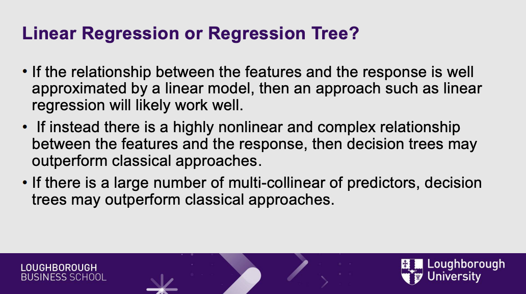 <ul><li><p><strong>What it means:</strong> A quick cheat sheet on when to use which tool .</p><p></p></li><li><p></p><p><strong>The translation:</strong> If your data forms a nice, simple straight line, use old-school Linear Regression. But if the real world is messy, highly complex, nonlinear, or has lots of overlapping variables, Decision Trees will easily outperform the old math .</p></li></ul><p></p>