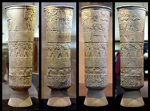 <p>2-1 Sumerian, Warka Vase, ca. 3200–3000 BCE</p>