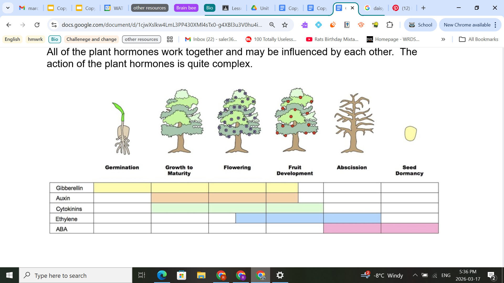 <p>Plants can modify their development in response to the environment.  The responses are regulated through the production of plant hormones called plant growth regulators.  These chemicals act by signaling the plant cells to undergo changes.</p><ol><li><p>Auxins</p></li><li><p>Cytokines</p></li><li><p>Gibberellins </p></li><li><p>Abscisic Acid (ABA)</p></li><li><p>Ethene (Ethylene)</p></li></ol><p></p>