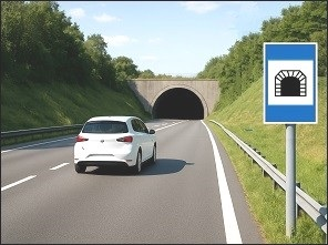 <p><strong>Deze auto nadert een tunnel.<br>Zegt dit verkeersbord ook iets over de lengte van de tunnel?</strong></p>