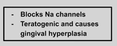 <p>if they don’t SALT the roads, ur car will need a TOIN<br>- zero order on the roads, induce tow truck, lots of snow = gingival hyperplasia, kid buried under snow<br><br>MOA = dec voltage gate Na channels<br>zero order kinetics<br>CYP450 inducer<br>gingival hyperplasia<br>fetal hydantoin syndrome</p>