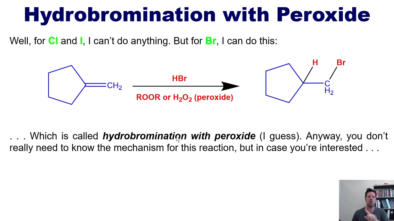 <p>Adds a bromine to the antimarkovnikov carbon,</p><p></p><p>as long as HBr is added alonside a peroxide H2O2 or ROOR</p>