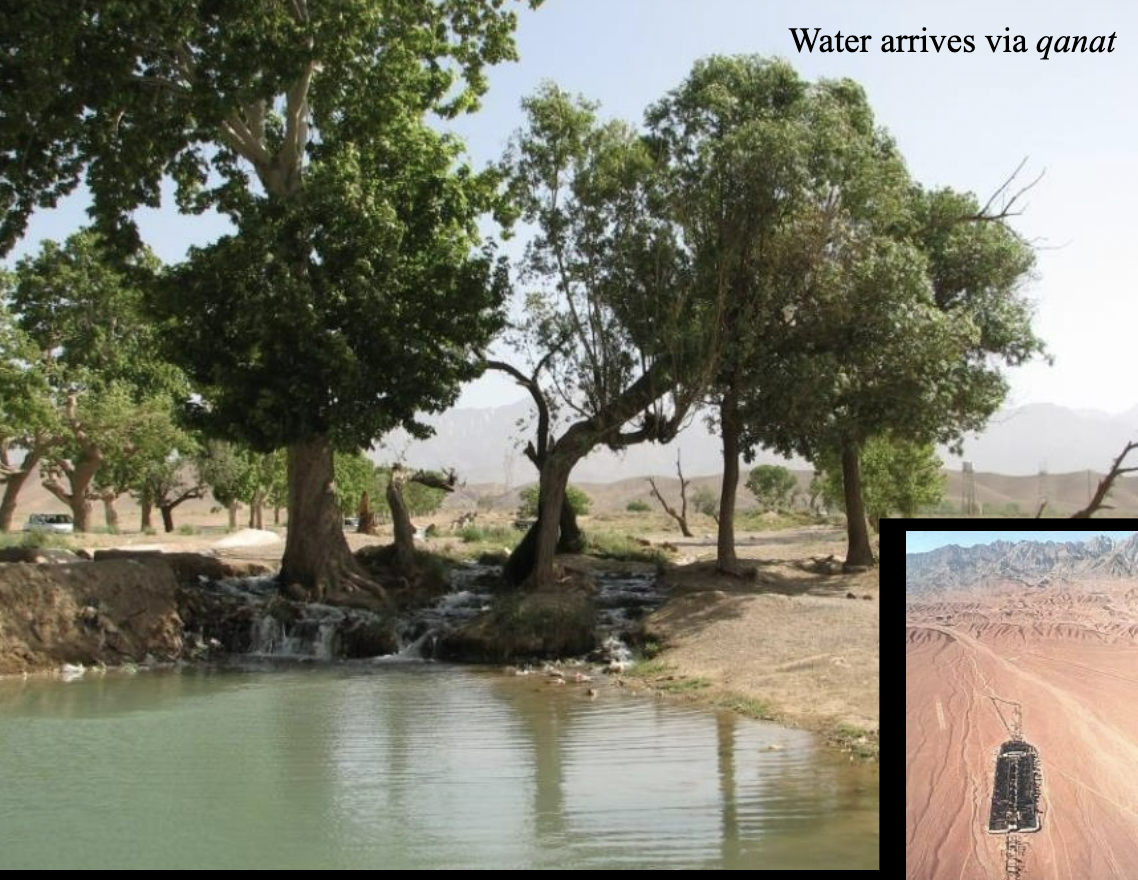 <p>Bagh-i Shahzadeh in Mahan (Iran),19th century, Qajar period</p><ul><li><p>water arrives via qanat</p></li><li><p>human-made oasis in a desert</p></li><li><p>trees, flower beds, chadars</p></li><li><p>axis of water flow dictates layout/ organization</p></li><li><p>dependent on irrigation</p></li><li><p>contrast between desert and garden</p></li></ul><img src="https://assets.knowt.com/user-attachments/ae79ec8f-f488-444c-b450-cdf496e5d355.png" data-width="50%" data-align="center"><p></p>