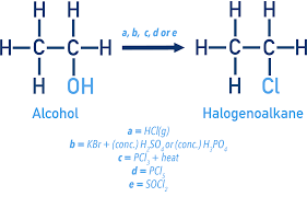 <p>alcohols react with hydrogen halides, PCl3 under heat and PCl5 under room temperature </p>