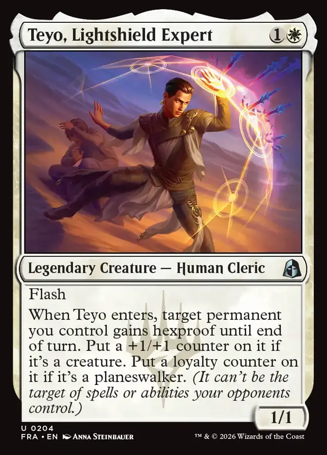 <p>Flash</p><p>When Teyo enters, target permanent you control gains hexproof until end of turn. Put a +1/+1 counter on it if it’s a creature. Put a loyalty counter on it if it’s a planeswalker. <em>(It can’t be the target of spells or abilities your opponents control.)</em></p>