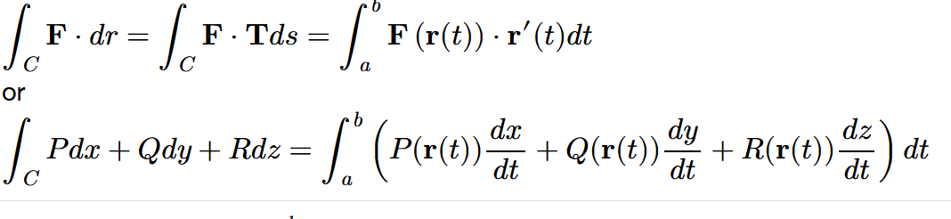 <p> of vector field <strong>F</strong> along curve <em>C</em> is the integral of the dot product of <strong>F</strong> with unit tangent vector <strong>T</strong> of <em>C</em> with respect to arc length, ∫𝐶𝐅·𝐓𝑑𝑠; such an integral is defined in terms of a Riemann sum, similar to a single-variable integral</p>