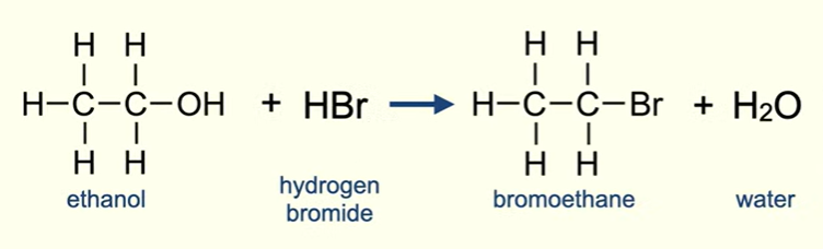 <p>The hydrogen bromide reacts with ethanol, to form bromoethane and water.</p>