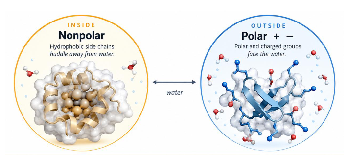 <p>Nonpolar/hydrophobic groups → inside</p><p>Polar/hydrophilic + charged groups → outside </p>