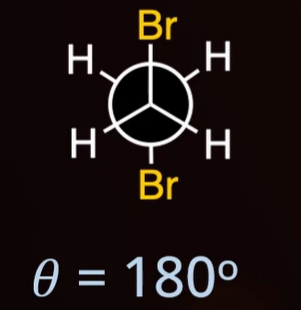<ul><li><p>most stable</p></li><li><p>dihedral angle = 180°</p></li><li><p>lowerst energy confirmation and torsional strains</p></li></ul><p></p>