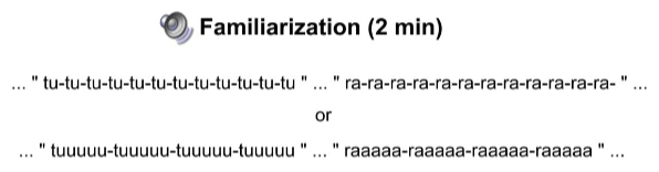 <ul><li><p>modality: audio-visual </p></li><li><p>familiarisation (auditory)</p><ul><li><p>4 vs. 12 sounds </p></li></ul></li><li><p>no. of sounds links to no. of visual objects/items </p></li></ul><p></p>