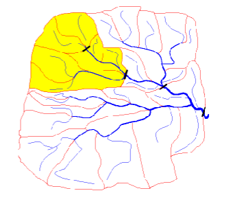 <p>-Less steep gradient</p><p>-Less erosive as lower turbulent flow</p><p>-More flow from larger upstream catchment area</p><p>-Smallish but larger streams</p>