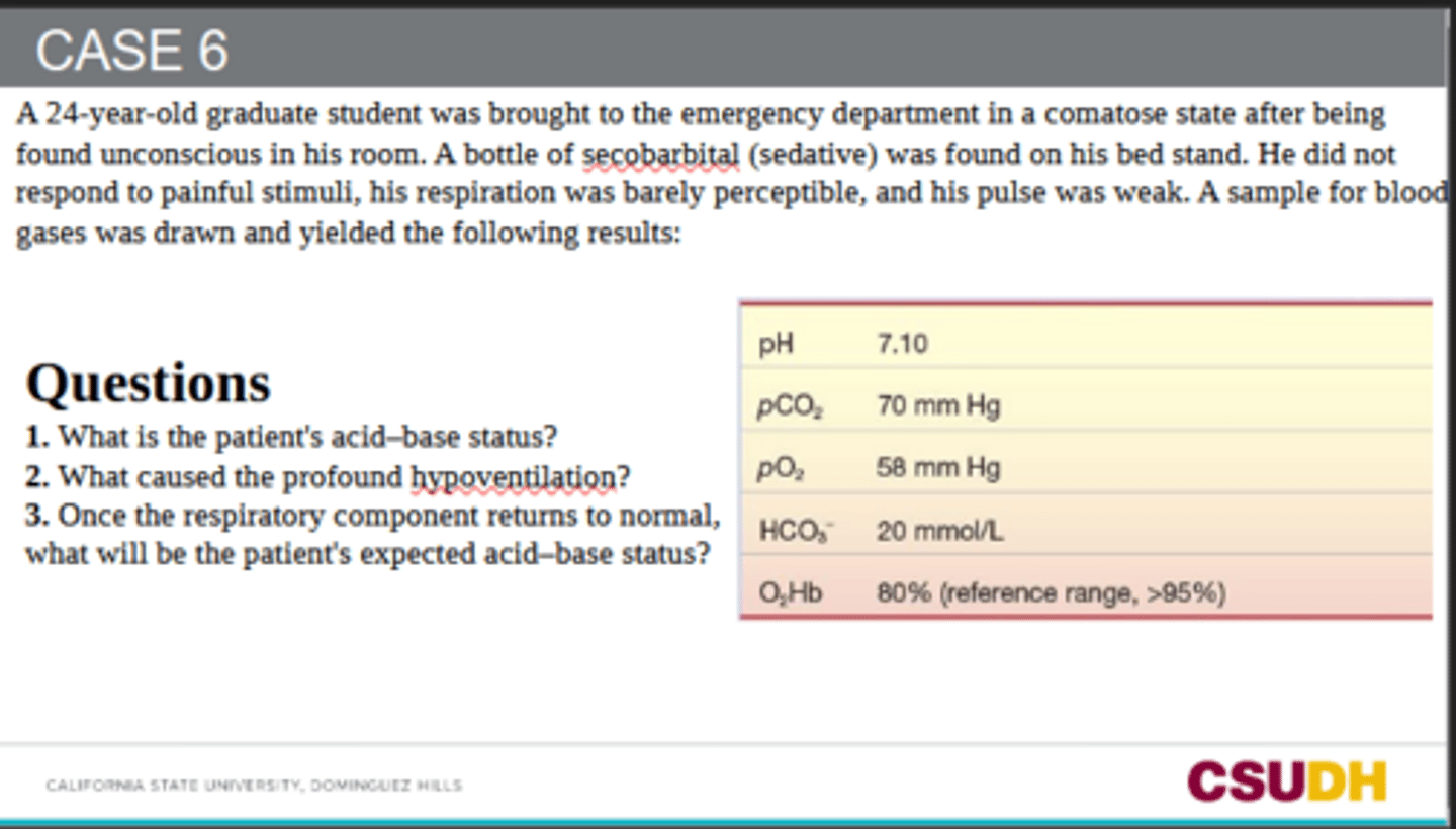 <p>1. What is the patient's acid-base status?</p><p>2. What caused the profound hypoventilation?</p><p>3. Once the respiratory component returns to normal, what will be the patient's expected acid-base status?</p>