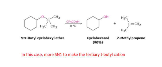 <p>What if a carbon is tertiary? Now SN2 cannot happen, as it is too crowded. Instead, oxygen leaves and forms tert-butyl carbocation, then Br attacks.</p><p>Mechanism:</p><ol><li><p>Protonate Oxygen</p></li><li><p>Leaving group leaves, making carbocation, this is SN1</p></li><li><p>Br attacks</p></li></ol><p>Tertiary (ether) Carbon —> Sn1</p><p>Primary (ether) or Secondary —> usually SN2</p><p></p>