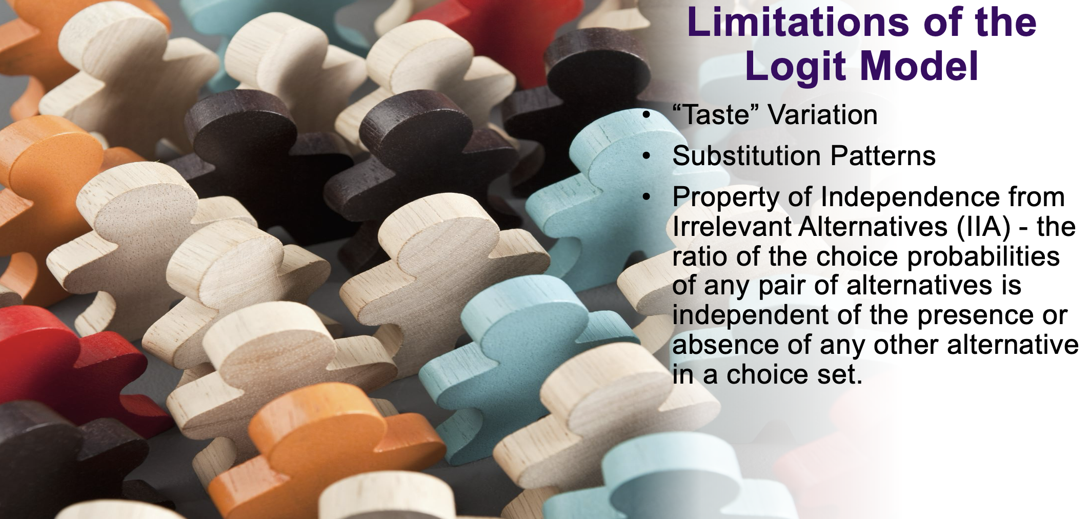 <p></p><p><strong>:</strong> IIA means the model mathematically forces the ratio of probabilities between any two choices to stay exactly the same, no matter what other choices are added to or removed from the mix.</p><p></p><p>1. "Taste" Variation</p><p></p><ul><li><p><strong>What it means:</strong> The standard MNL model assumes that everyone in your dataset has the exact same "taste" or preference weights for the attributes. For example, it assumes every single commuter hates a £1 price increase equally.</p></li><li><p><strong>The Reality:</strong> Human tastes vary wildly! A wealthy executive might not care about a £5 ticket increase, while a college student might switch to walking immediately. The basic MNL model struggles to capture these random, individual differences in taste unless you have highly detailed demographic data for every person.</p></li></ul><p>2. Substitution Patterns</p><p></p><ul><li><p><strong>What it means:</strong> This is actually the root cause of the Red-Bus-Blue-Bus problem we talked about. The MNL model uses extremely rigid, proportional substitution patterns. If one option becomes unavailable (or a new one is added), the model assumes people will substitute to all the other options in exact proportion to their existing market shares.</p></li><li><p><strong>The Reality:</strong> Substitutions in the real world are messy and clumped. If the train breaks down, train riders don't distribute evenly across planes, cars, and walking; they almost all substitute to the bus because it's the closest alternative. The standard MNL model cannot handle these flexible substitution patterns.</p></li></ul><p></p>