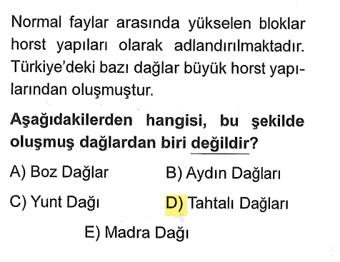 <p>Bozdağlar, Aydın, Yunt ve Madra Ege'deki kırıklı dağlardır (Horst). Tahtalı Dağları ise Toros sistemine dahil olan kıvrımlı bir dağdır.</p>