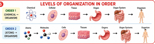<p>Chemical → Cellular → Tissue → Organ → Organ System → Organism</p>