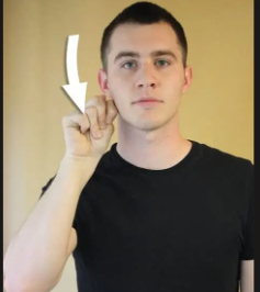 <p>dom hand make “t” and touch thumb to ear and brush hand down jaw towards chin</p>