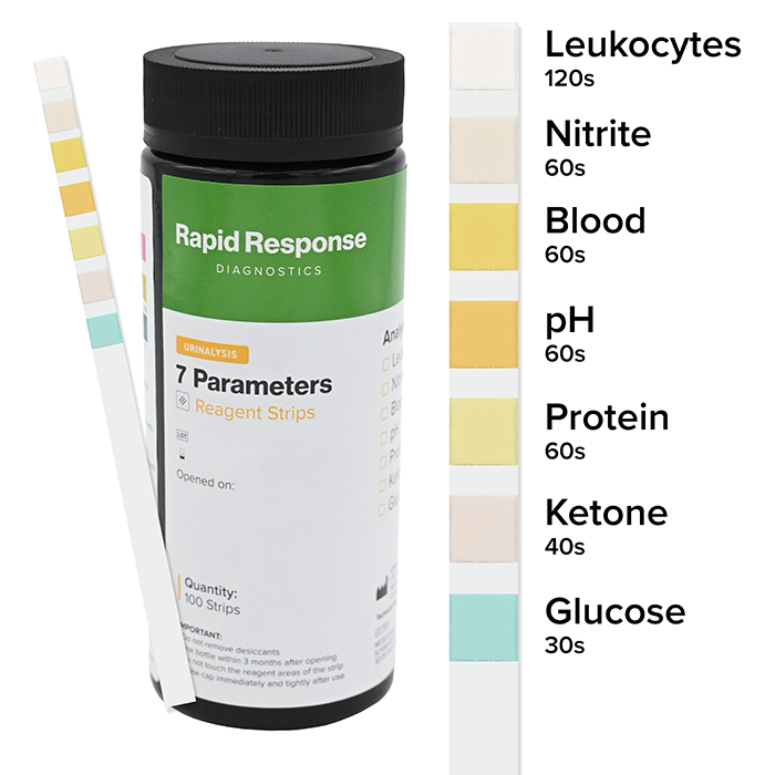 <p>A test strip used to detect and measure substances in urine, such as glucose, protein, ketones, and blood.</p>