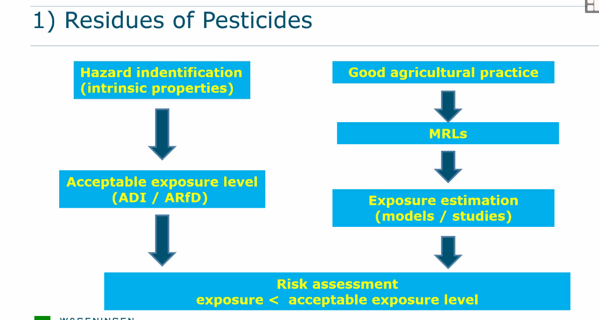 <p>Stream one:</p><ul><li><p>Looks at substance or product that substance is in and toxicological profile</p></li></ul><p>Stream two:</p><ul><li><p>A certain concentration is necessary to be effective - good agricultural practice</p></li><li><p>Maximum residue level (MRL) - is determined to see what the maximum amount is that is necessary for the pesticide to be effective. </p></li><li><p>This has NOTHING to do with safety. </p></li></ul><p></p>