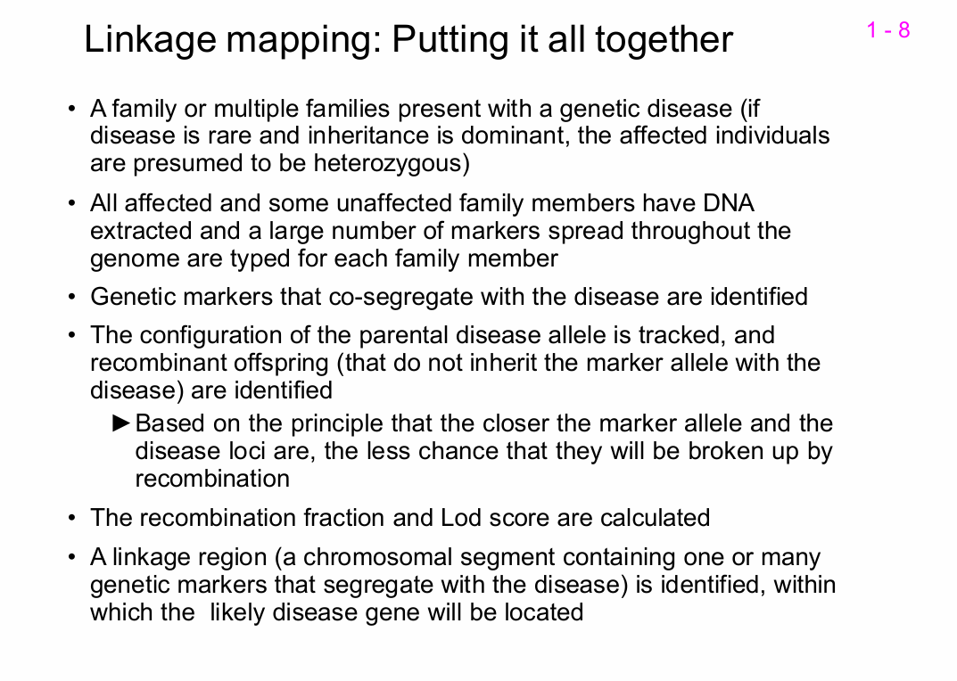 <p>What are the major steps in linkage mapping a Mendelian disease gene?</p>