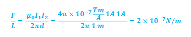 <p><span>One ampere is defined as that current flowing in each of two long parallel wires 1 m apart, which results in a force of exactly 2 x 10-7 N per meter of length of each wire</span></p>