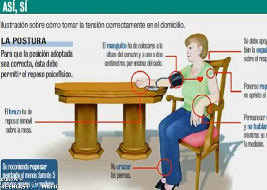 <p>Postura: persona sentada sin cruzar las piernas</p><p>Persona acostada o con el brazo al costado del cuerpo</p><p>Brazo debe estar apoyado, a la altura del corazon </p><p>Manguito, ideal con brazo libre. De 2 a 3 dedos sobre el codo</p><p>Pliegue de codo descubierto, para colocar estetoscopio en la arteria humeral.</p><p>NO colocar estetoscopio debajo del manguito</p>