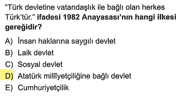 <p>Irk ayrımı yapmadan devlete vatandaşlık bağıyla bağlı herkesi Türk sayan anlayış Atatürk milliyetçiliğidir.</p>