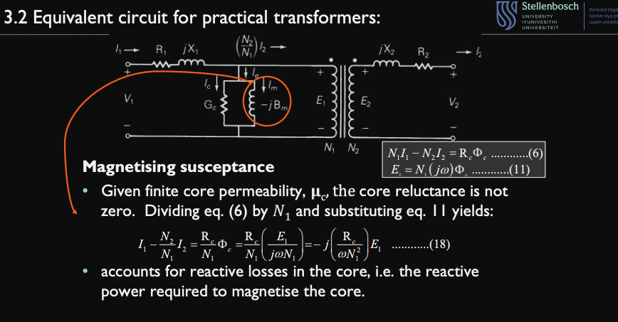 <ul><li><p>since core permeability$$\mu_c$$ is finite,</p><ul><li><p>core reluctance ≠ 0</p></li></ul></li><li><p>$$N_1I_1 - N_2I_2 = R_c\Phi_c$$ …(1)</p></li><li><p>$$E_1 = N_1(j\omega)\Phi_c$$ …(2)</p></li><li><p>divide (1) by $$N_1$$ and sub (2):</p><ul><li><p>$$I_1 - \frac{N_2}{N_1}I_2 = \frac{R_c}{N_1}\Phi_c$$</p></li><li><p>$$ = \frac{R_c}{N_1}(\frac{E_1}{j\omega N_1²})E_1$$</p></li><li><p>$$= -j(\frac{R_c}{\omega N_1²})E_1$$ </p></li></ul></li><li><p>Accounts for reactive losses in core</p></li></ul><p></p>
