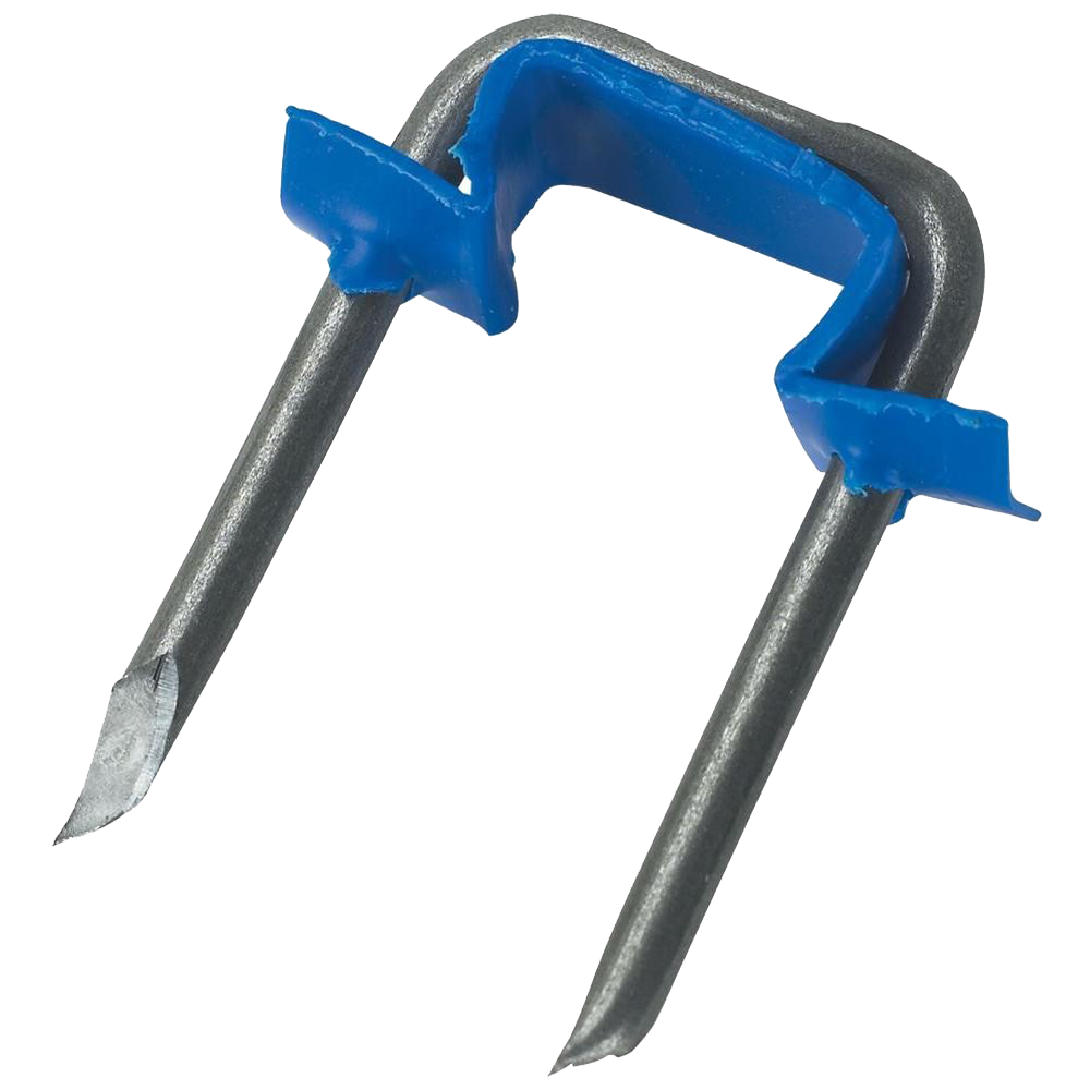 <p>Plastic-coated staple used to secure low-voltage electrical wiring to surfaces, commonly for doorbells or controllers, and not rated for 120-volt circuits.</p>