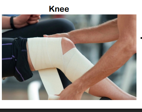 <ul><li><p>wrap around lower leg, below knee, circle a few times</p><p></p></li><li><p>wrap diagonally behind knee</p><p></p></li><li><p>wrap above knee</p><p></p></li><li><p>continue wrapping diagonally behind the knee, creating figure 8</p><p></p></li><li><p>repeat multiple times</p><p></p></li><li><p>finish by wrapping above the knee several times and securing with fastener</p></li></ul><p></p>