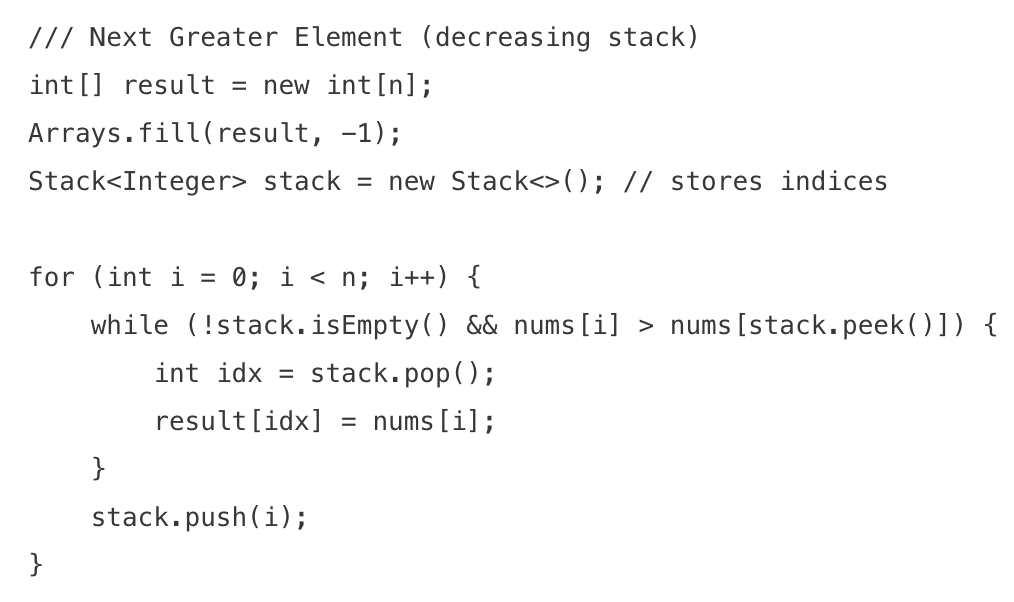 <ul><li><p>maintains elements in either increasing or decreasing order. as you iterate, you pop elements that violate the order, which reveals relationships between elements</p></li><li><p>when to use</p><ul><li><p>finding the next/previous greater/smaller element</p></li><li><p>problems involving spans or ranges</p></li><li><p>histogram problems</p></li></ul></li></ul><img src="https://assets.knowt.com/user-attachments/05ea4860-a530-4894-9d60-def67e0df955.png" data-width="100%" data-align="center"><p></p>