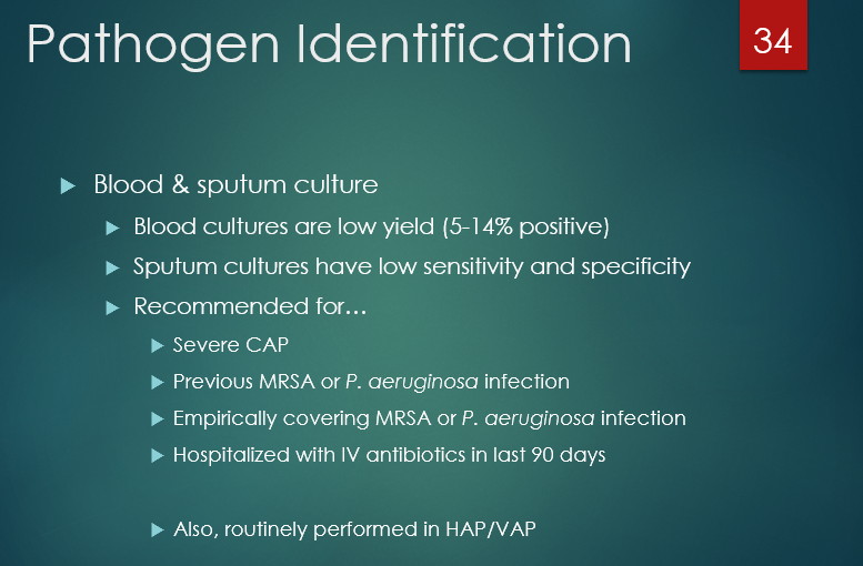 <p>low sensitivity and specificity…but are cases where it is recommended (see image)</p><p></p><p>(how do we even know the sputum is coming from the alvioli of the lungs? how do we know it hasn’t picked up contaminants along the way?)</p><p></p>