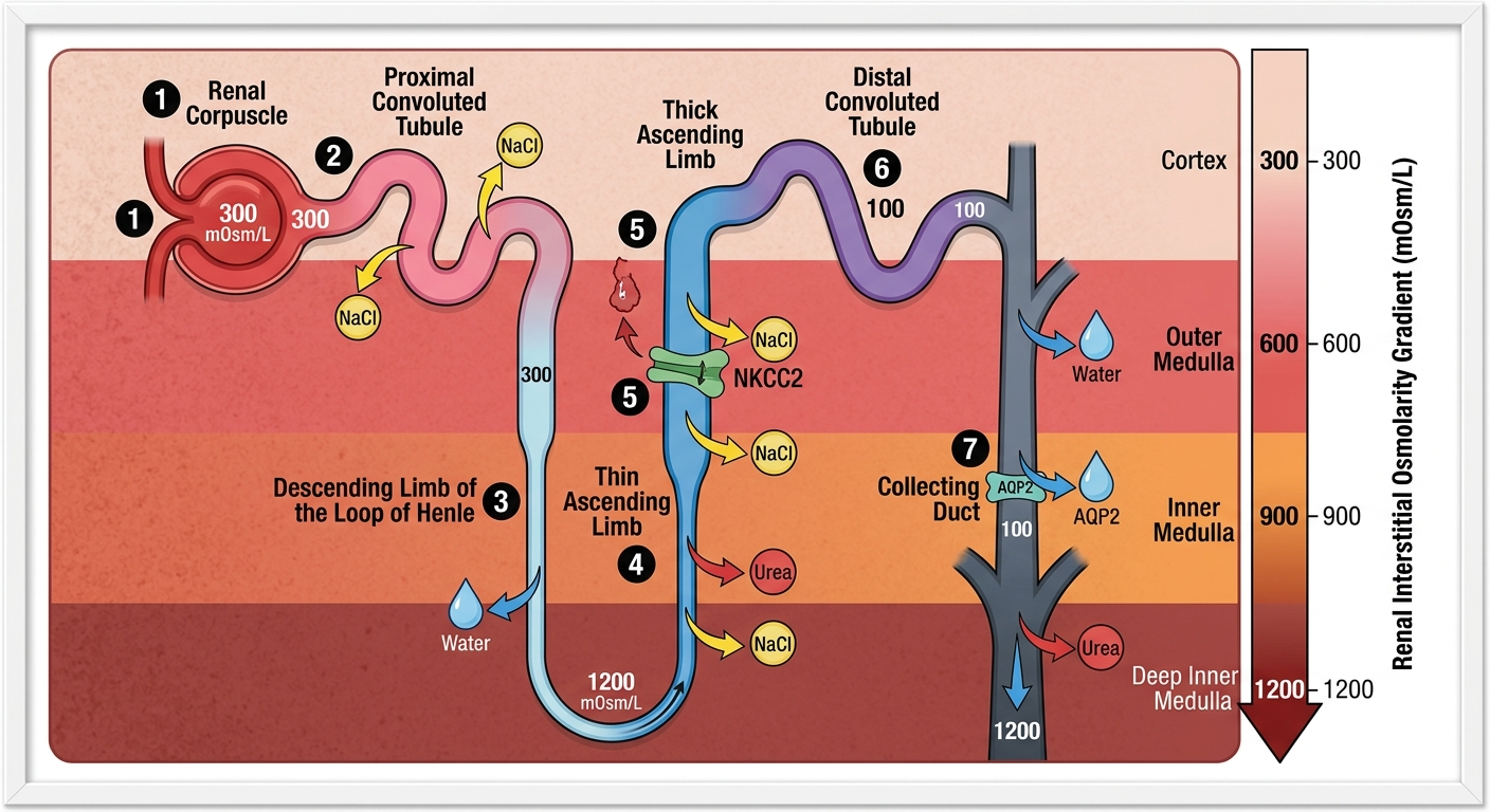 <p><span>• </span><strong><span>Variazione dell'Osmolarità:</span></strong></p><p><span>• Inizia a 290 mOsm/L in capsula di Bowman.</span></p><p><span>• </span><strong><span>Tubulo prossimale:</span></strong><span> Rimane COSTANTE (riassorbimento proporzionale acqua e soluti).</span></p><p><span>• </span><strong><span>Ansa discendente:</span></strong><span> AUMENTA (perdita di sola acqua, si concentra).</span></p><p><span>• </span><strong><span>Ansa ascendente:</span></strong><span> DIMINUISCE (riassorbimento di soli soluti/Na).</span></p><p><span>• </span><strong><span>Parte distale/collettore:</span></strong><span> REGOLATA DALL'ADH (In antidiuresi sale fino a 1200, in diuresi scende a 30).</span></p><p><span>• </span><strong><span>Classi di Diuretici:</span></strong></p><p><span>1. </span><strong><span>Osmotici:</span></strong><span> Agiscono per effetto osmotico, poco efficaci.</span></p><p><span>2. </span><strong><span>Inibitori dell'anidrasi carbonica:</span></strong><span> Bloccano lo scambio Na+/H^+ nel tubulo prossimale.</span></p><p><span>3. </span><strong><span>Diuretici dell'ansa (es. Lasix):</span></strong><span> Inibiscono il trasportatore NKCC (molto potenti).</span></p><p><span>4. </span><strong><span>Tiazidici:</span></strong><span> Agiscono sul tubulo distale (usati per l'ipertensione).</span></p><p><span>5. </span><strong><span>Risparmiatori di potassio:</span></strong><span> Bloccano l'aldosterone (es. spironolattone) o i canali ENaC (es. amiloride).</span></p>