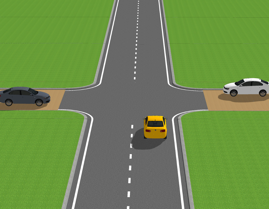 <p>Je rijdt in de gele auto. Aan wie moet je voorrang verlenen?</p>