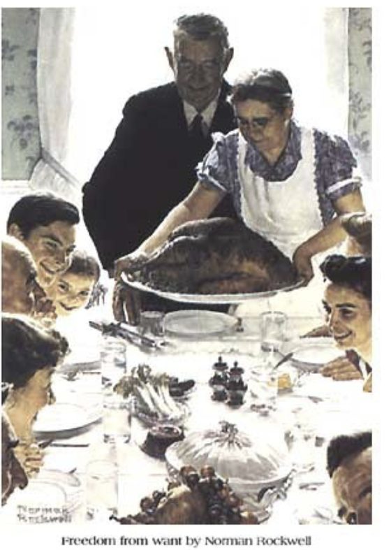 <ul><li><p>In his paintings, Rockwell used symbolic templates</p></li><li><p>^^^^ these —> help men/women orient themselves as M + F and to each other</p></li><li><p>where do these come from? the idea comes from “breadwinner and home-maker models” of gender roles, outlining how Men/Women should behave/relate to one another</p></li><li><p>^^^much of this constructed social relationship b/2een Men + Women in the west —> rooted in Adam and Eve’s story of genesis, which has influenced respective gender representations in art + larger Western society (a.k.a. Christianity/religion-based viewpoint)</p></li><li><p>Freedom From Want painting —> subservient woman as a homemaker, does cooking on Thanksgiving, turkey carved by the man/father</p></li></ul><p></p>