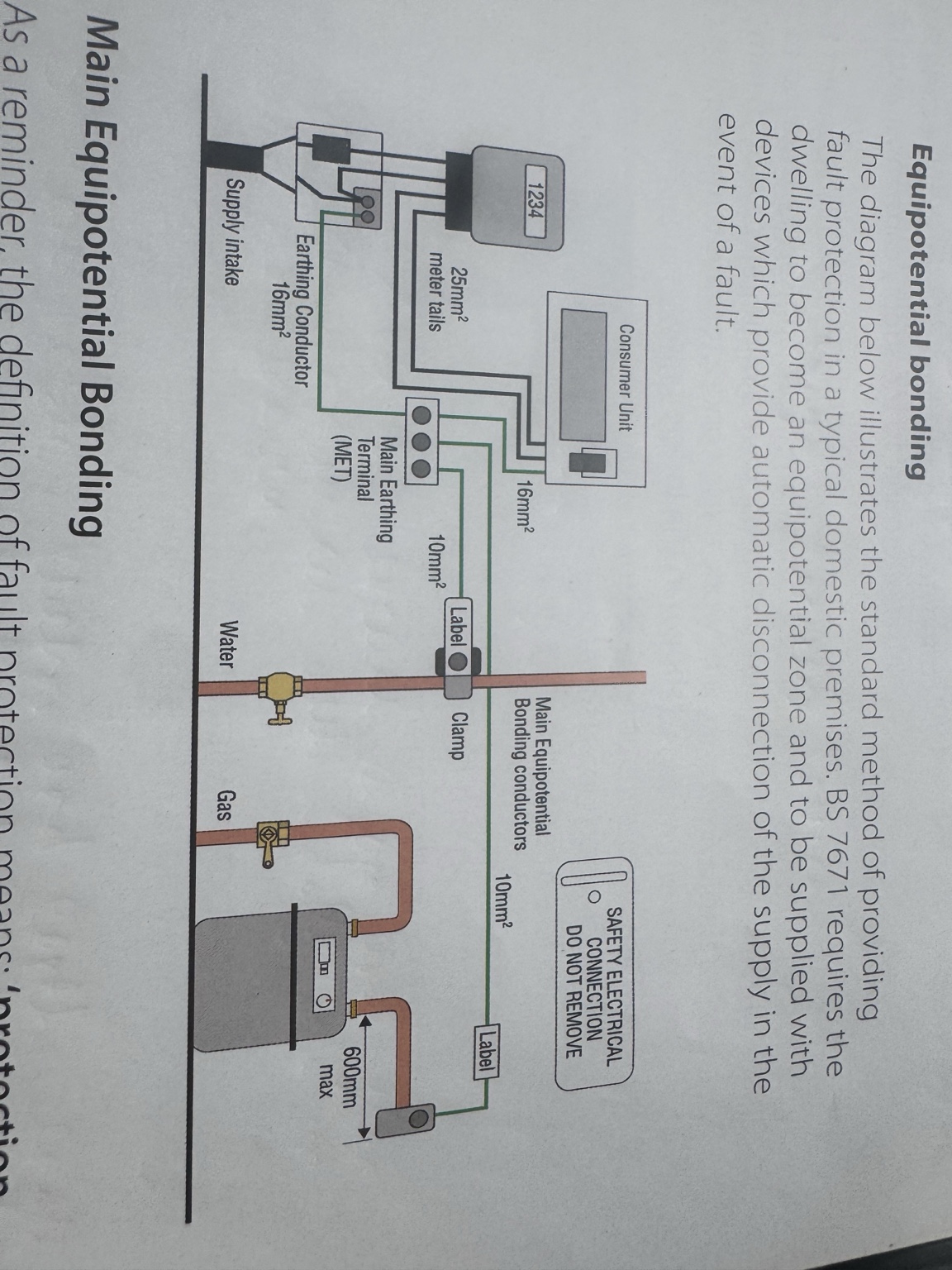 <ul><li><p>Meter tails → 25 mm²</p></li><li><p>Earthing conductor → 16 mm²</p></li><li><p>Bonding → 10 mm²</p></li></ul><p></p>