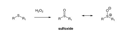 <ul><li><p>Thioethers (R–S–R′) react with H₂O₂ or other peroxides.</p></li><li><p><strong>Mechanism:</strong> Nucleophilic attack by sulfur on the peroxide.</p></li><li><p><strong>Product:</strong> <strong>Sulfoxide (R–S(=O)–R′) </strong></p></li></ul><p></p>