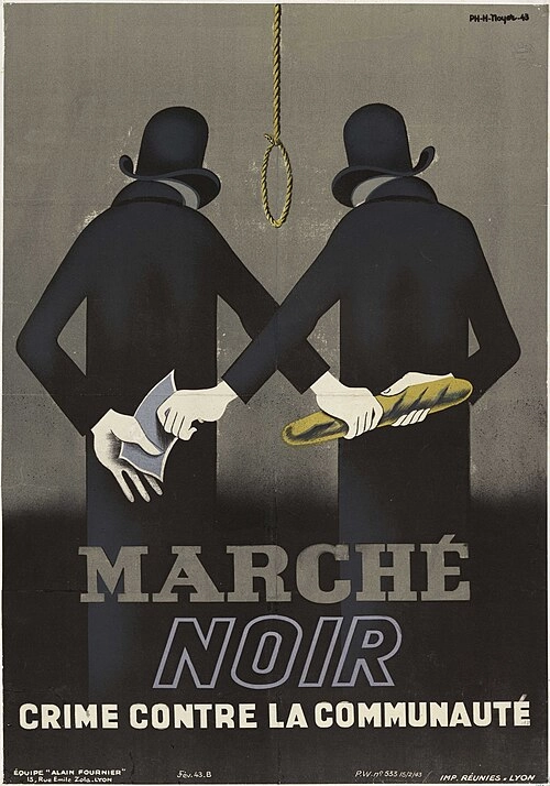 <ul><li><p>La corde symbolise la punition pour ceux qui participent dans le marché noir.</p></li><li><p>Leurs vêtements noirs et le fait qu’ils troque en tournant le dos démontre que leurs actions sont illegales et antipatriotiques</p></li></ul><p></p>
