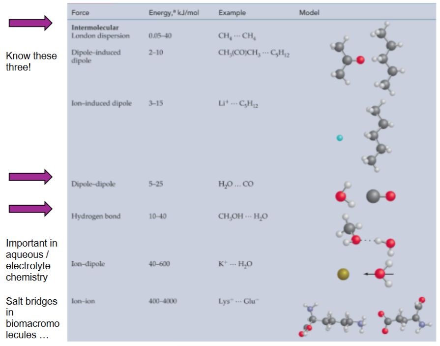 <ul><li><p>London dispersion forces (weak)</p><ul><li><p>larger the mass, more the dispersion force, higher bp</p></li><li><p>more linear the structure, more the dispersion force, higher bp</p></li></ul></li><li><p>dipole-dipole interaction (medium)</p><ul><li><p>polar moelcules align according to the direction of their net dipole moments</p></li></ul></li><li><p>hydrogen bonds (strong)</p><ul><li><p>special type of dipole-dipole interaction involved H-atom and EN atoms</p></li></ul></li></ul><p></p>