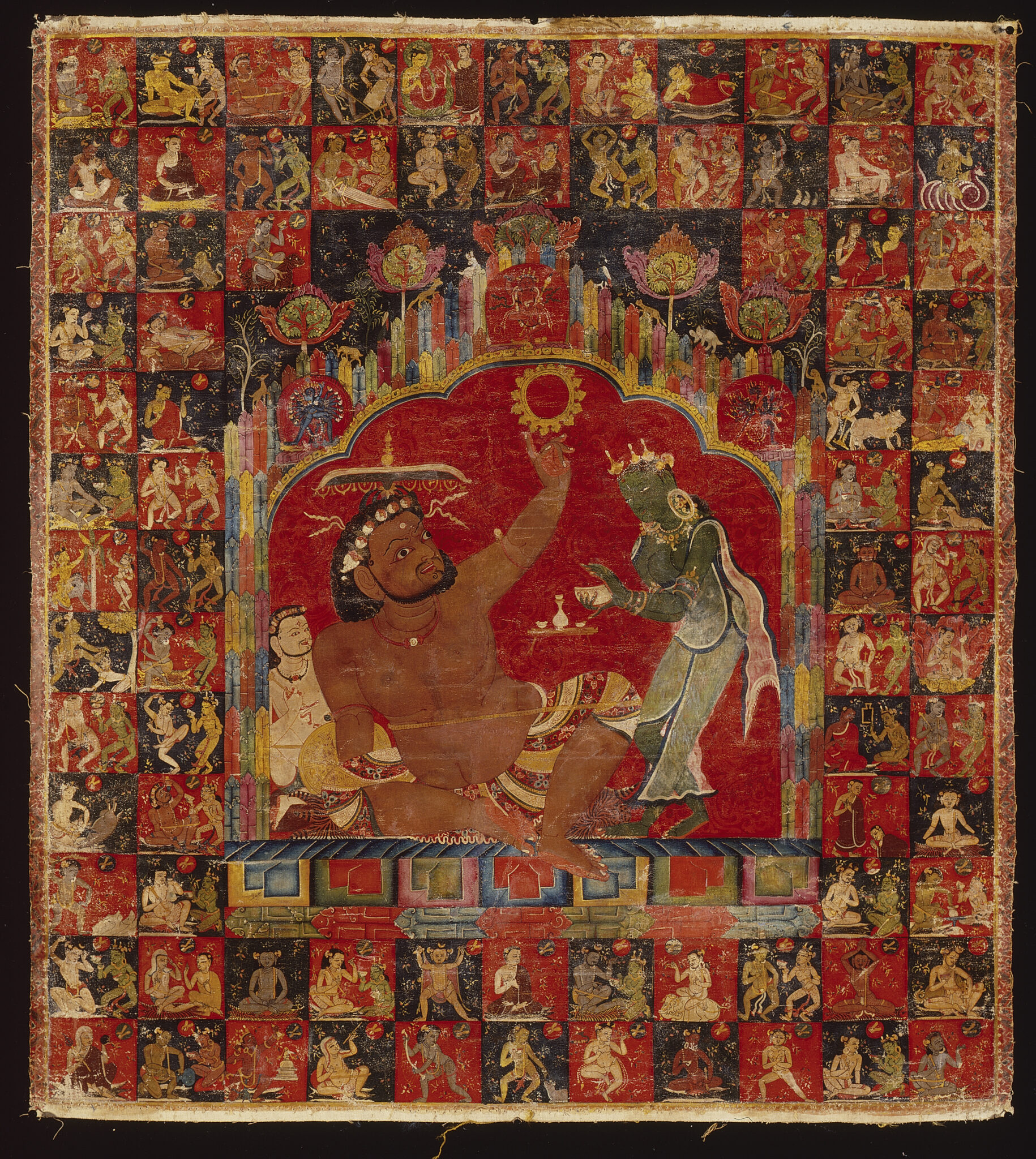 <ul><li><p><span style="background-color: transparent;">Swirled, floral pattern of Beri style</span></p></li><li><p><span style="background-color: transparent;">Virupa stopping the sun to continue drinking</span></p></li><li><p><span style="background-color: transparent;">Located within mountanous landscpae</span></p></li><li><p><span style="background-color: transparent;">Wearing diadem of skull cups</span></p></li><li><p><span style="background-color: transparent;">Deities of transgressive tantras with Vajrayogini in the center</span></p></li><li><p><span style="background-color: transparent;">Green “barmaid” = evokative of Green Tara offering a skull cup</span></p></li><li><p><span style="background-color: transparent;">Grid-like pattern</span></p></li></ul><p></p>