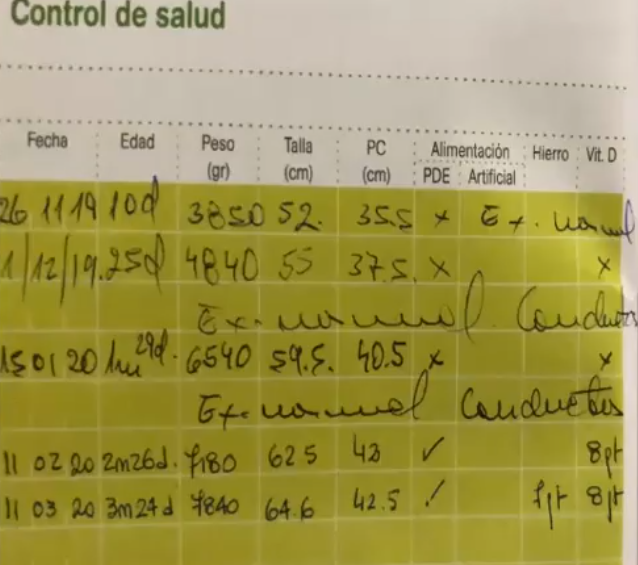<p>Alimentación a pecho directo exclusivo (PDE)</p><p>Buen desarrollo</p><p>Certificado de esquema de vacunación vigente</p><p>Sin antecedentes patológicos a destacar</p><p>Controles regulares </p><ul><li><p>Curvas de crecimiento: P/E , L/E PC/E</p></li></ul><p></p>