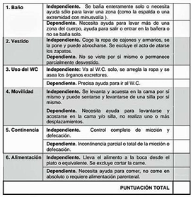 <p class="PDq2pG_selectionAnchorContainer">Evalúa <strong>6 actividades básicas de autocuidado y movilidad</strong>:</p><ol><li><p><strong>Bañarse</strong></p></li><li><p><strong>Vestirse</strong></p></li><li><p><strong>Usar el retrete</strong></p></li><li><p><strong>Movilizarse (trasladarse)</strong></p></li><li><p><strong>Control de esfínteres</strong></p></li><li><p><strong>Alimentarse</strong></p></li></ol><p></p>